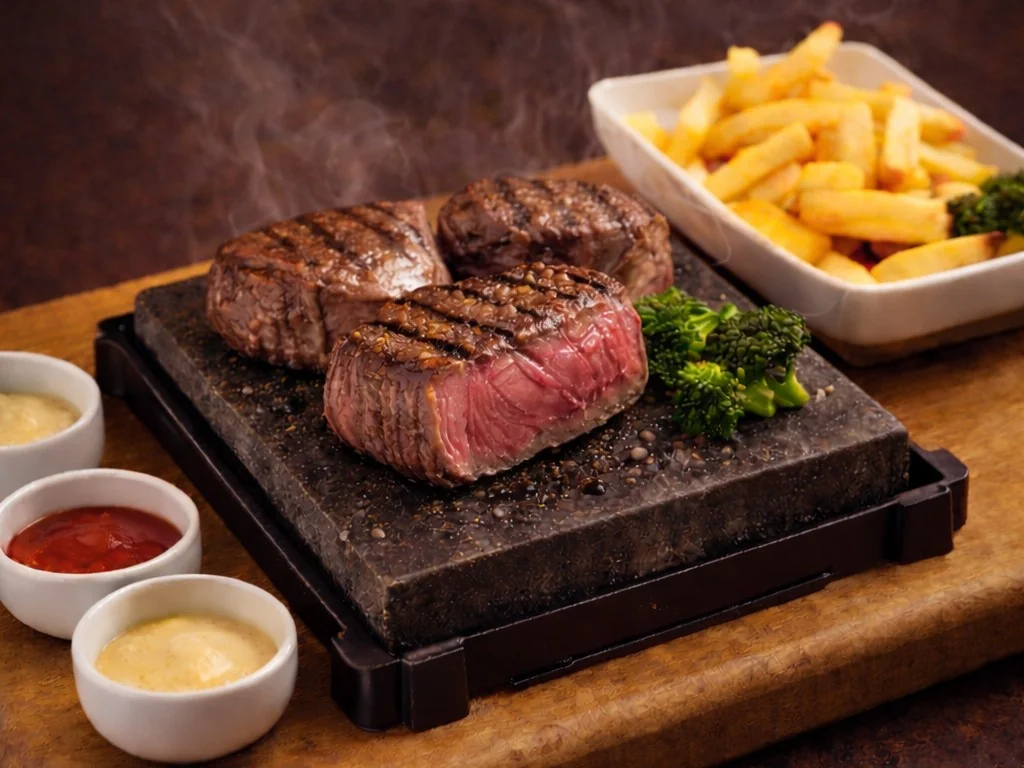 Rindsfilet auf dem heissen Stein mit Pommes frites und Saucen