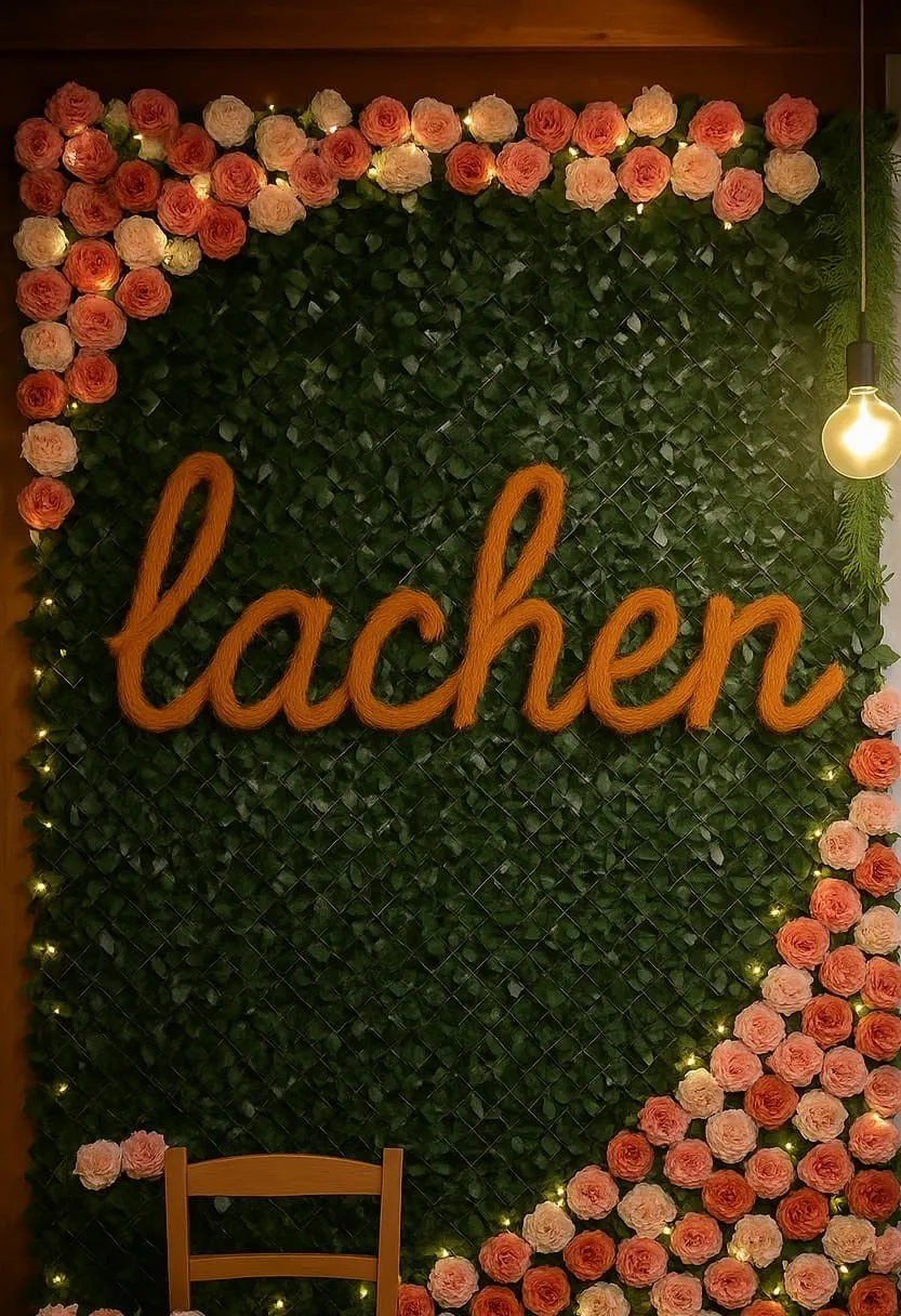 Mooswand mit Lachen-Schriftzug und Rosen
